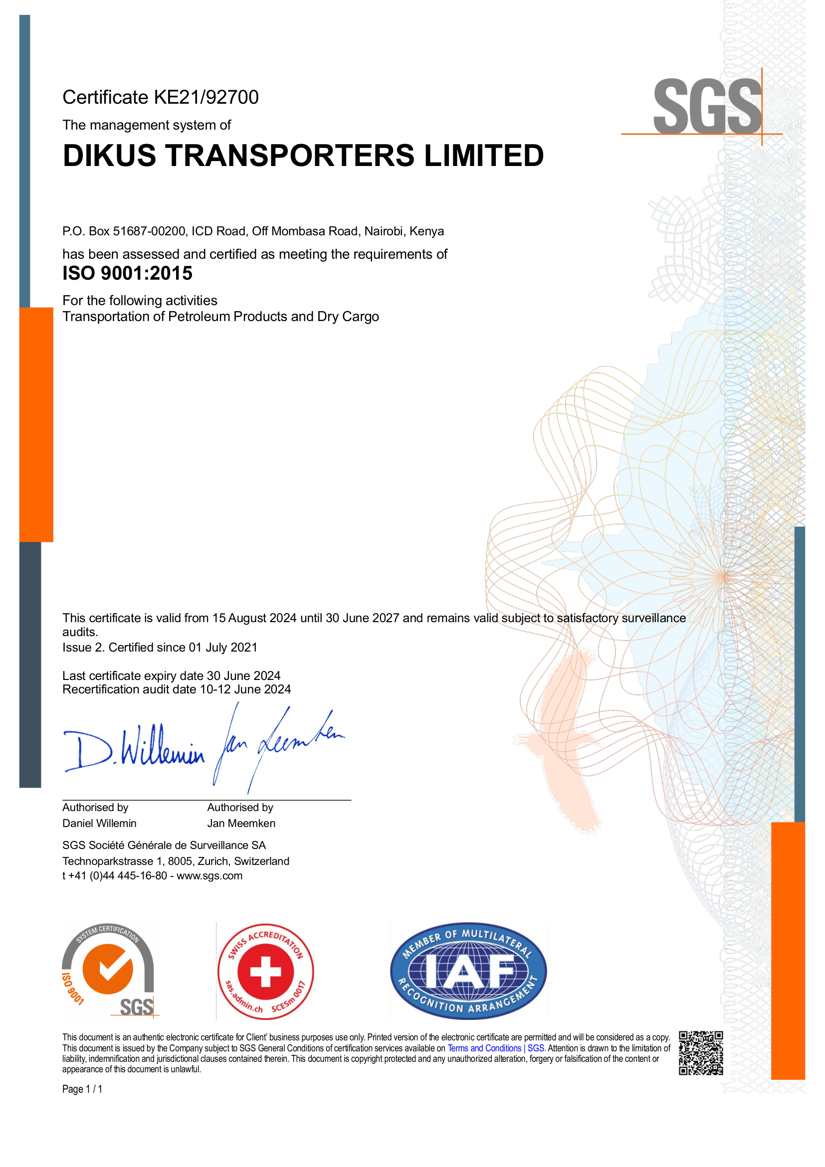 ISO 9001:2015 Quality Management Certificate